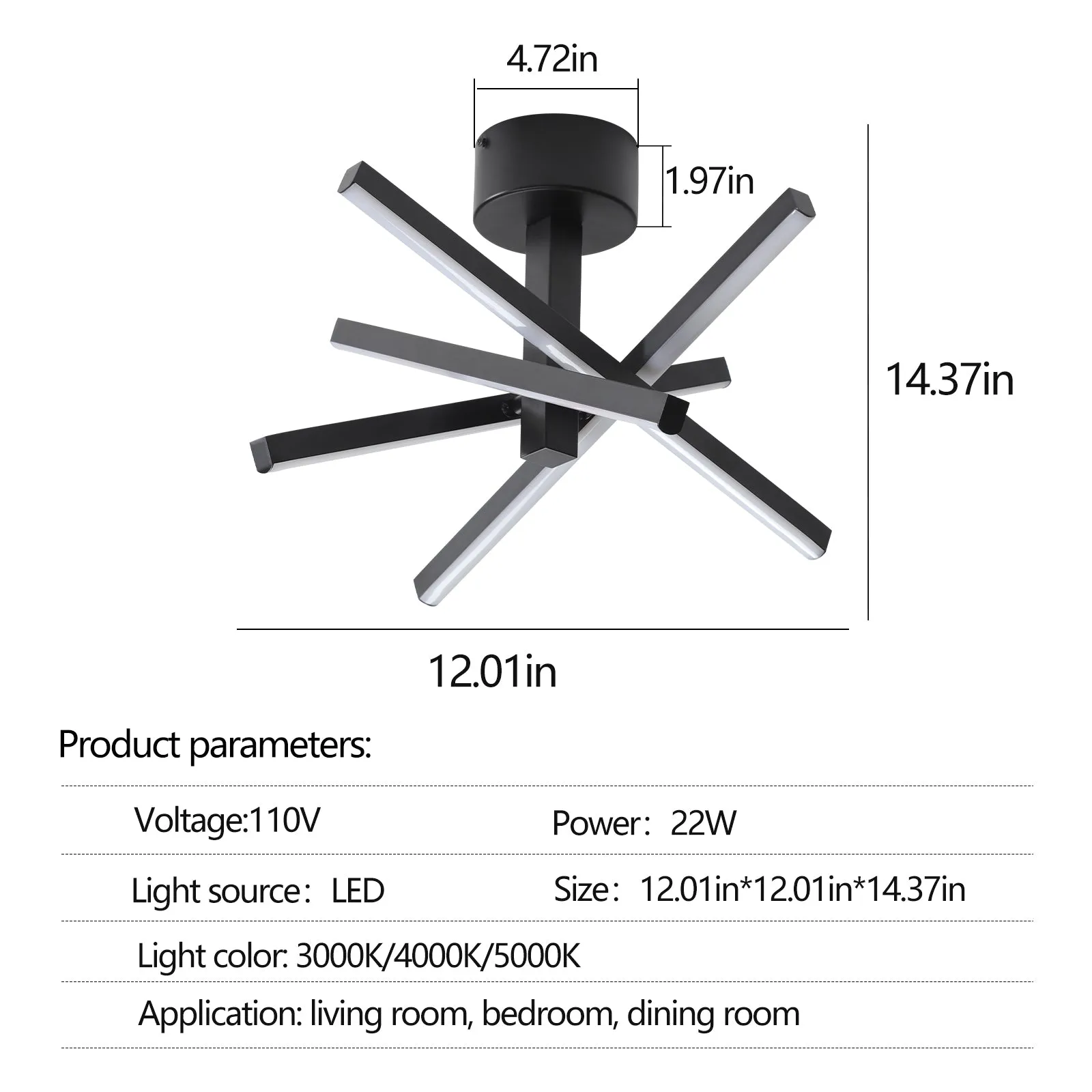 12.01" Nordic Style Black Chandelier Modern Simple Embedded Chandelier