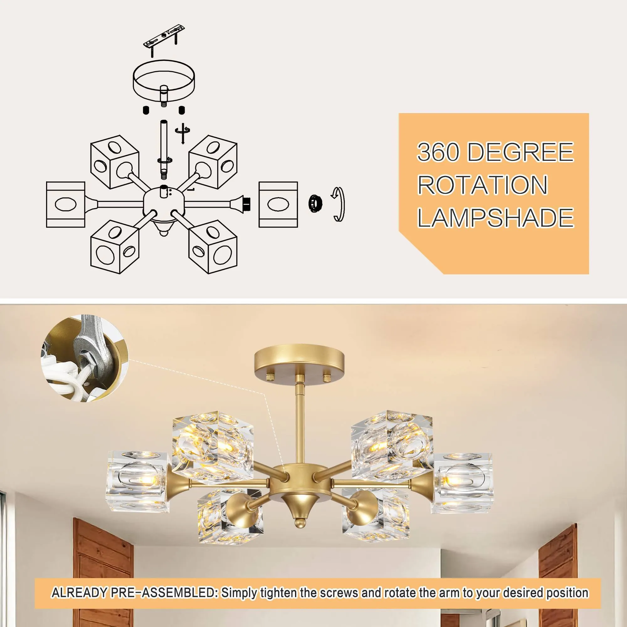 18" Modern Luxury Crystal Chandelier Recessed Ceiling Light Luxury Gold Chandelier