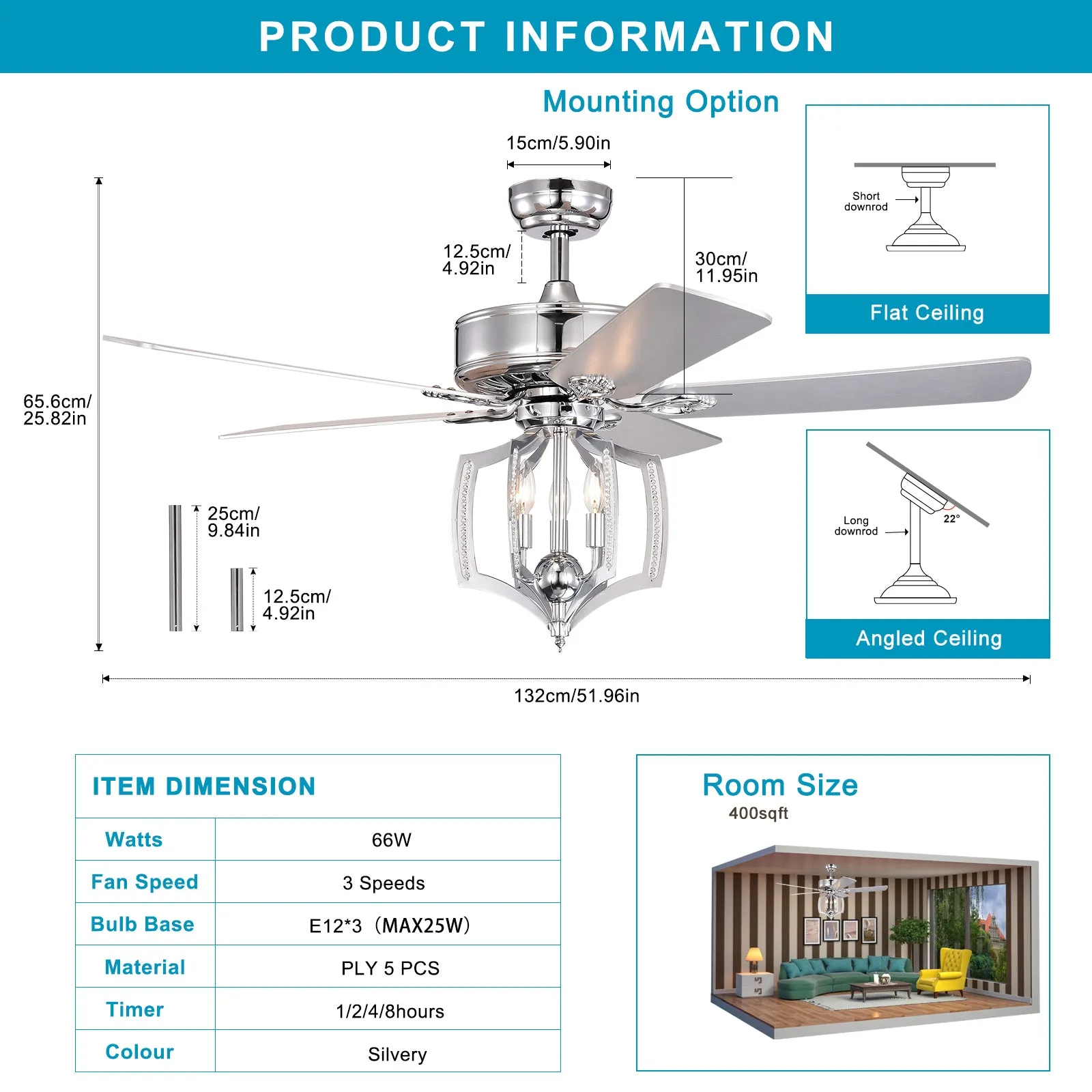 52" Chrome Ceiling Fan Light Vintage Pendant Light Reversible 3-speed Silent Ceiling Fan 1H/2H/4H/8H Timer