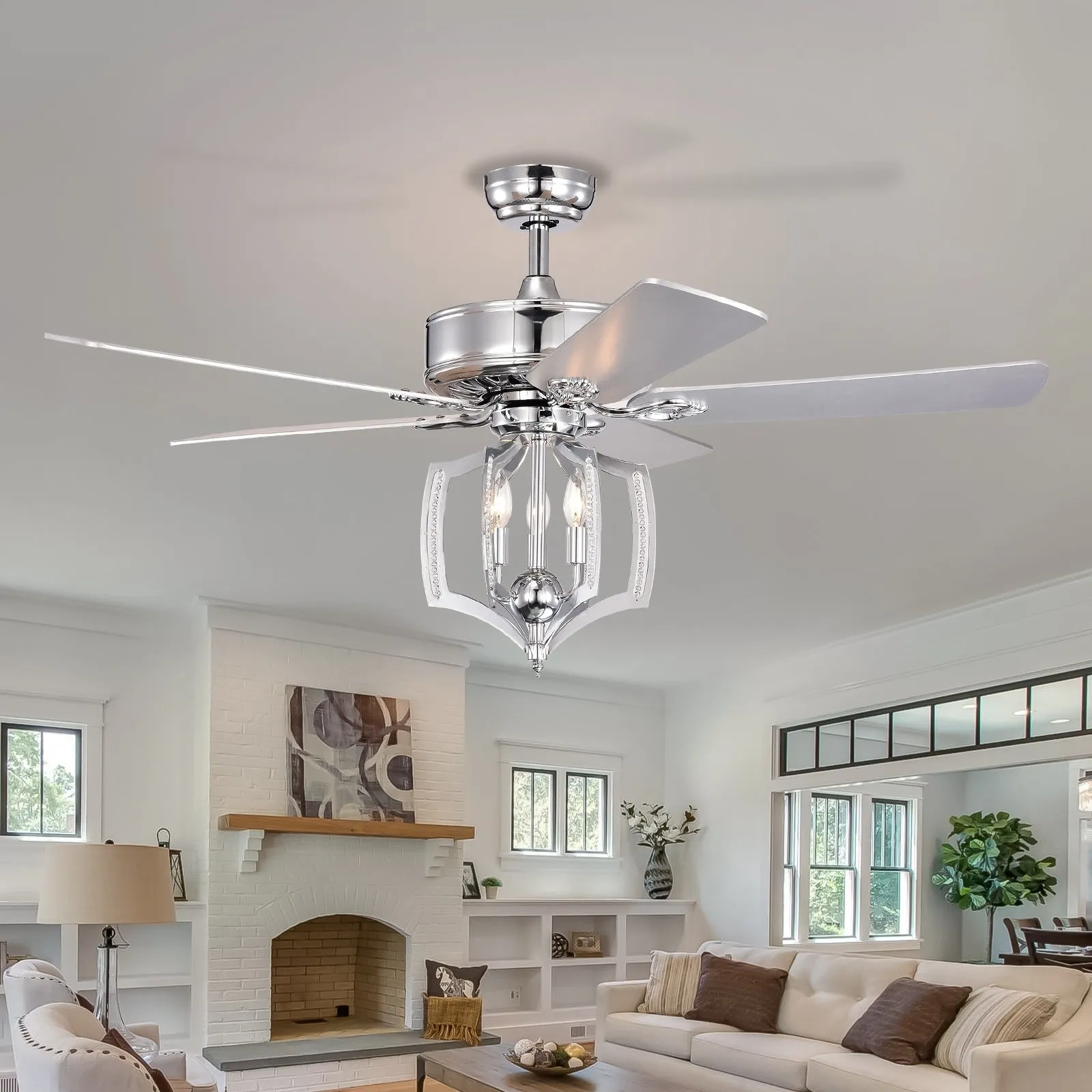 52" Chrome Ceiling Fan Light Vintage Pendant Light Reversible 3-speed Silent Ceiling Fan 1H/2H/4H/8H Timer