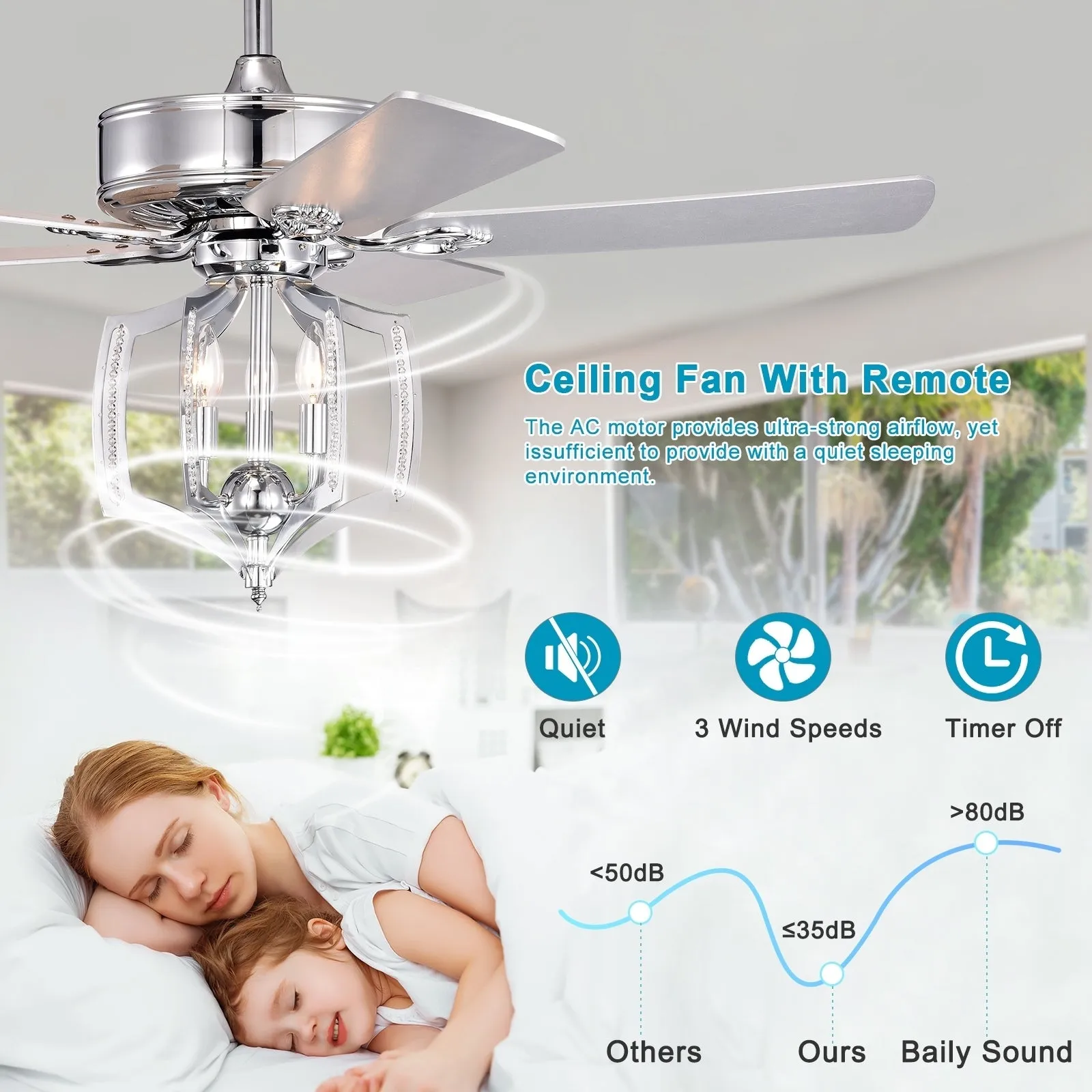 52" Chrome Ceiling Fan Light Vintage Pendant Light Reversible 3-speed Silent Ceiling Fan 1H/2H/4H/8H Timer