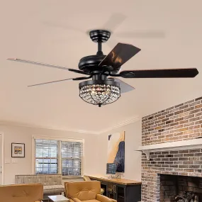 52" Luxury Crystal Ceiling Fan Light Traditional Matte Black Ceiling Fan Reversible 3-speed Ceiling Fan, 1H/2H/4H/8H Timer