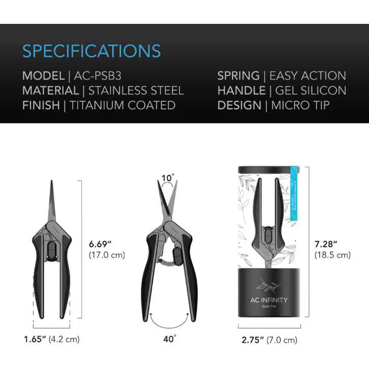 AC Infinity Stainless Steel Pruning Shear w/ Cleaning Kit, 6.6” Straight Blades