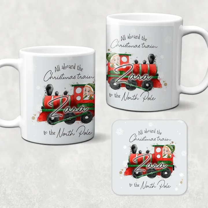 All Aboard the Christmas Train Personalised Christmas Eve Mug and Coaster Set