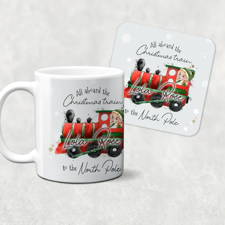 All Aboard the Christmas Train Personalised Christmas Eve Mug and Coaster Set