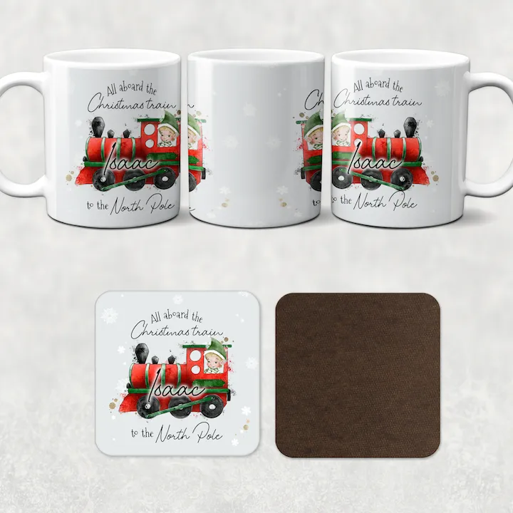 All Aboard the Christmas Train Personalised Christmas Eve Mug and Coaster Set