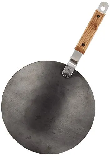 Amazon Brand - Solimo Iron Concave Tawa 25 cm, Tava for Roti/Chappati/Naan with Strong Wooden Handle Black 100% Toxin-Free, Naturally Non-Stick, Long Lasting