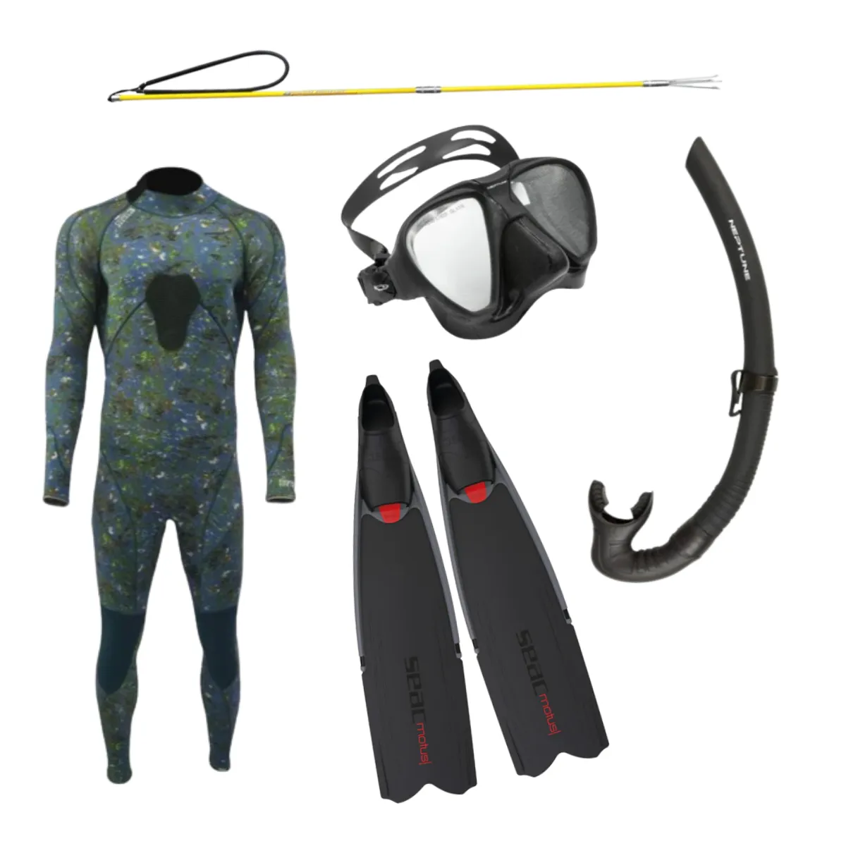 Bargain Hunter Package Neptune Handspear, Mask, Snorkel, Fin Set with Camo Steamer