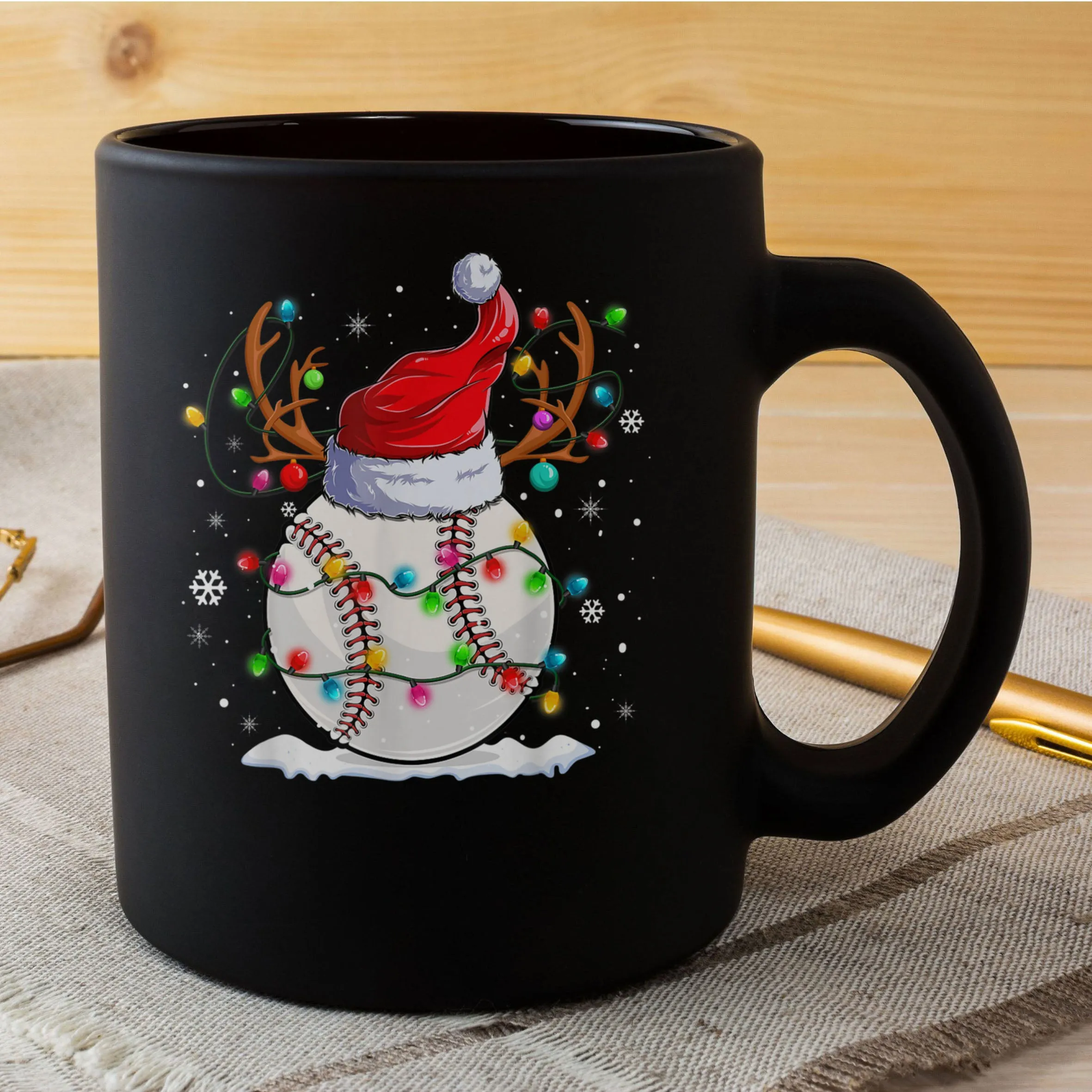 Baseball Santa Hat Reindeer Christmas Lights Funny Xmas Mug