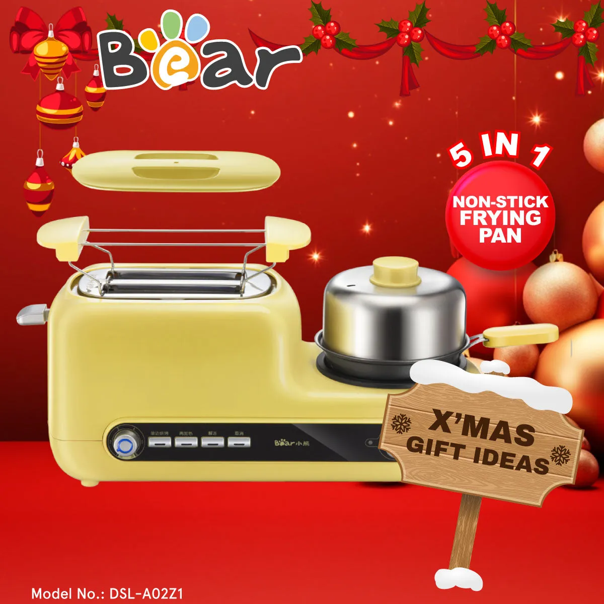 Bear 5in1 Toaster Breakfast Set w non-stick frying Pan (DSL-A02Z1)