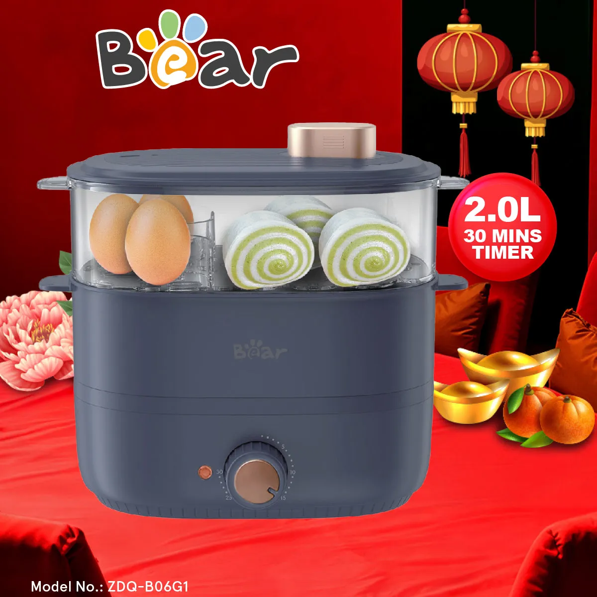 Bear Egg Steamer, Food Steamer 2.0L Multi function 2 Tier Food Steamer (ZDQ-B06G1)