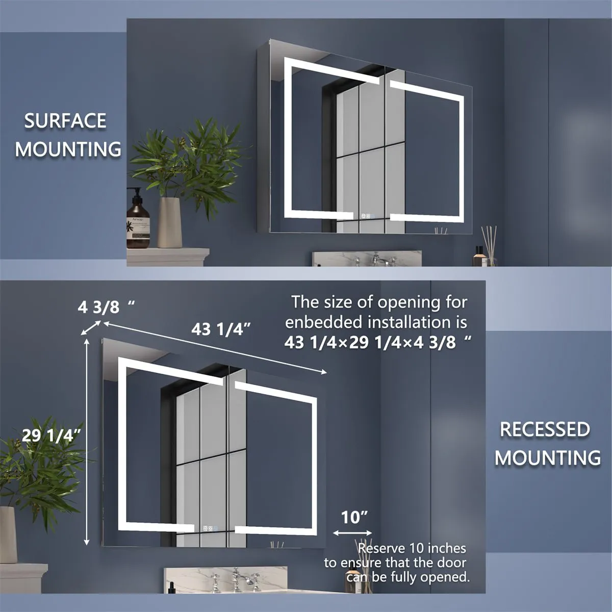 Boost-M1 44" W x 30" H Light Medicine Cabinet Recessed or Surface Mount Aluminum Adjustable Shelves Vanity Mirror Cabinet