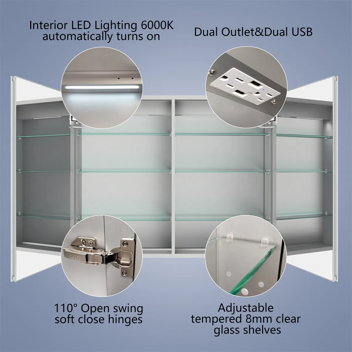 Boost-M1 44" W x 30" H Light Medicine Cabinet Recessed or Surface Mount Aluminum Adjustable Shelves Vanity Mirror Cabinet