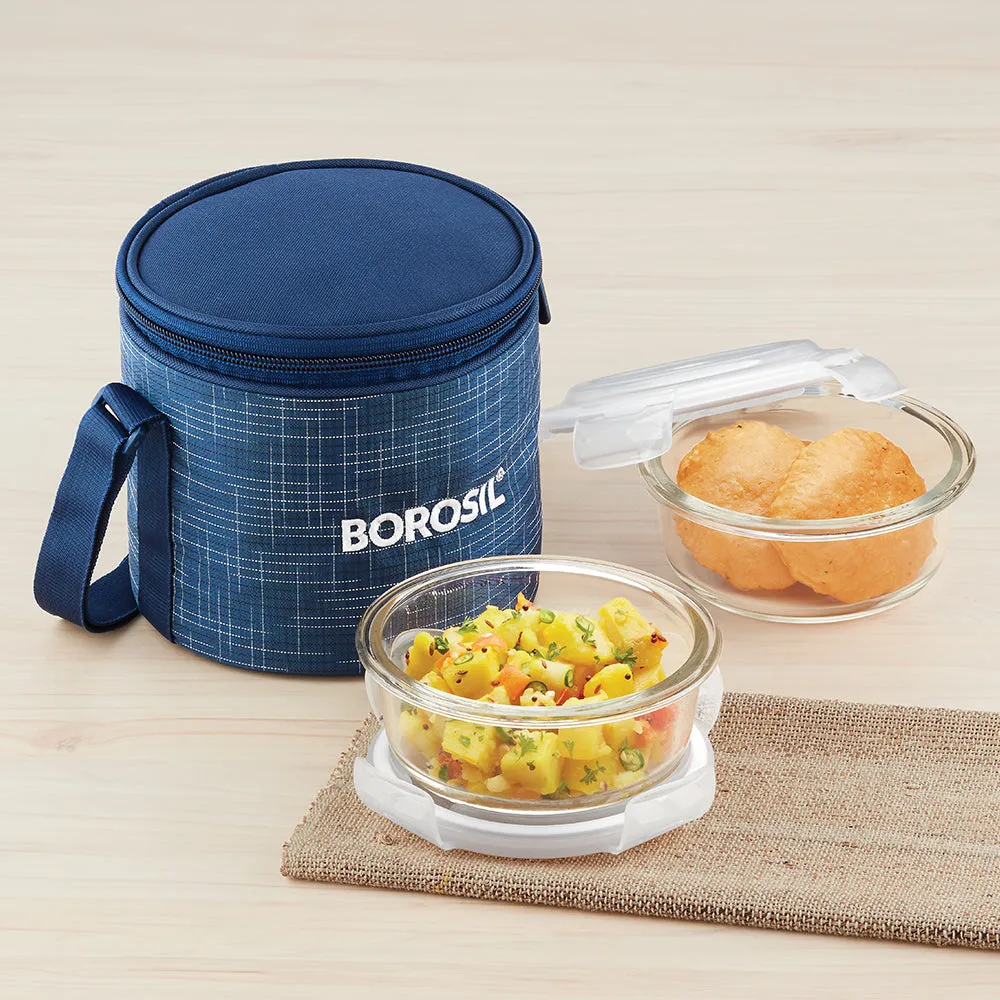 Borosil Indigo Glass Lunchbox, Round x 2 (Tall Bag)