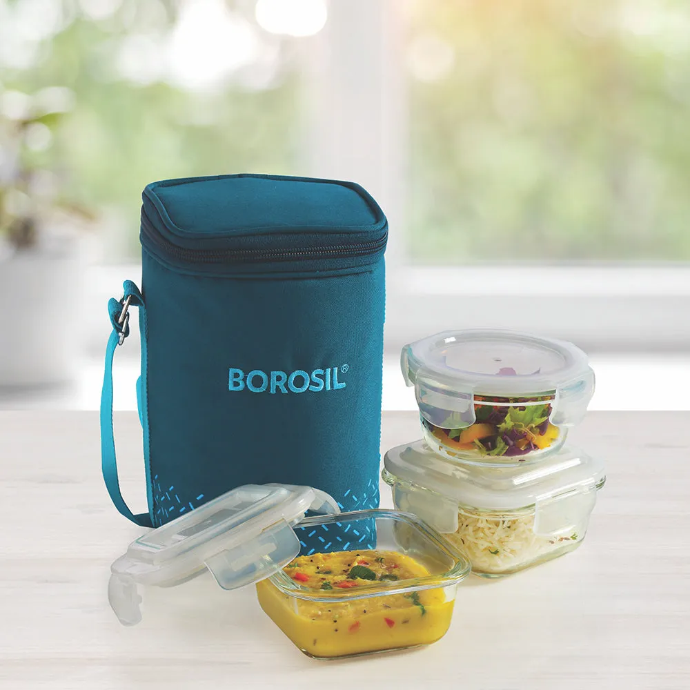 Borosil Teal Glass Lunchbox, Set of 3