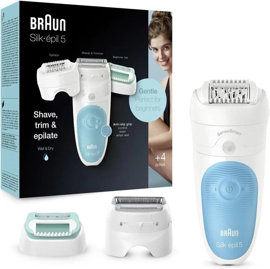 Braun Silk-épil 5 SensoSmart Epilator For Hair Removal, Lady Shaver & Trimmer Head and Beginner Cap, Wet & Dry, 100% Waterproof, UK 2 Pin Plug, 5-610, White/ Blue