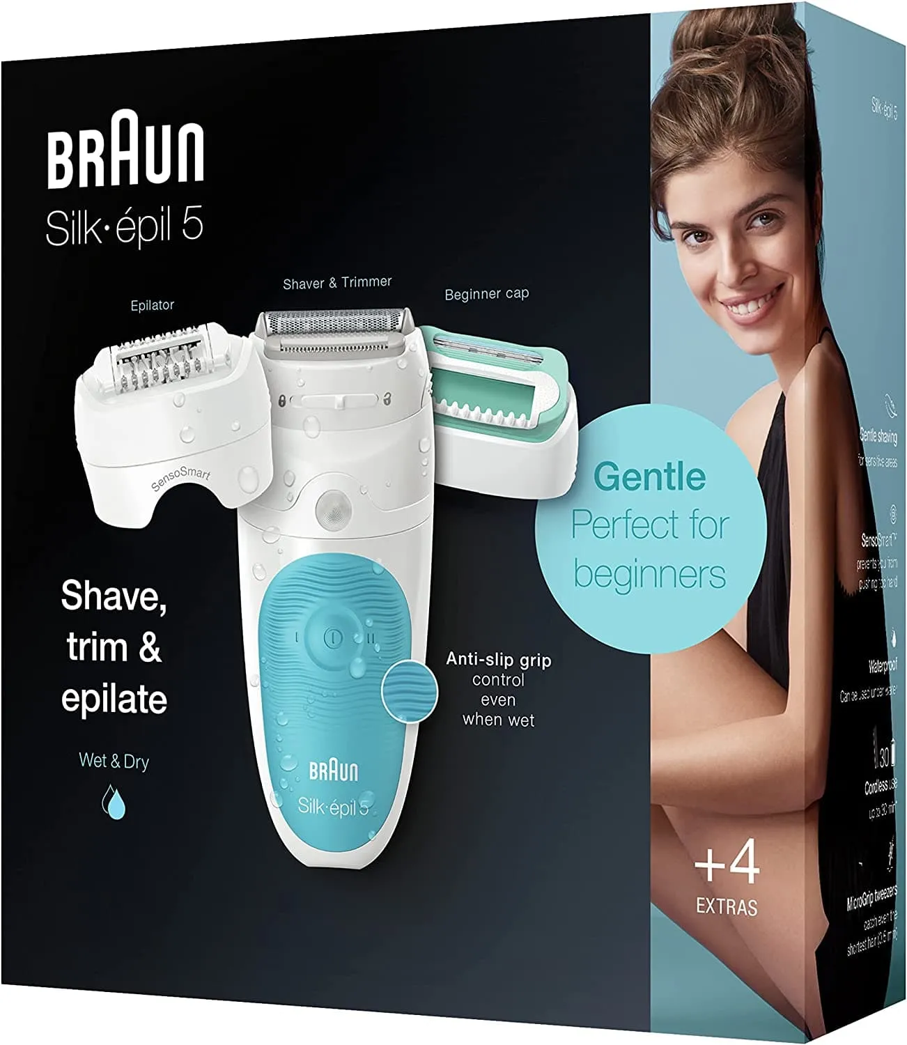 Braun Silk-épil 5 SensoSmart Epilator For Hair Removal, Lady Shaver & Trimmer Head and Beginner Cap, Wet & Dry, 100% Waterproof, UK 2 Pin Plug, 5-610, White/ Blue