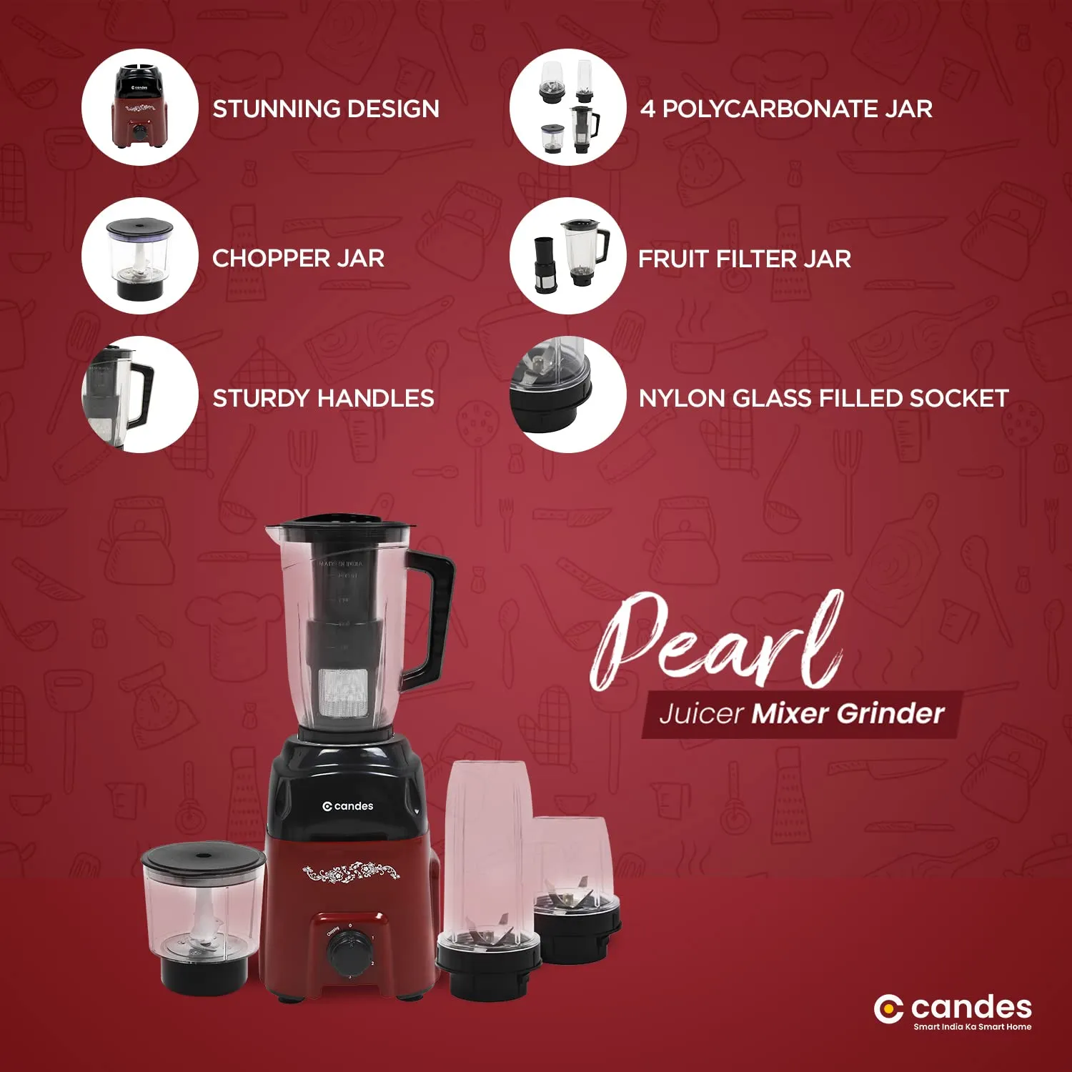 Candes Pearl 600 W Mixer Grinder 4 Jars - Black, Red (1 Year Warranty   2 Year on Motor Only)