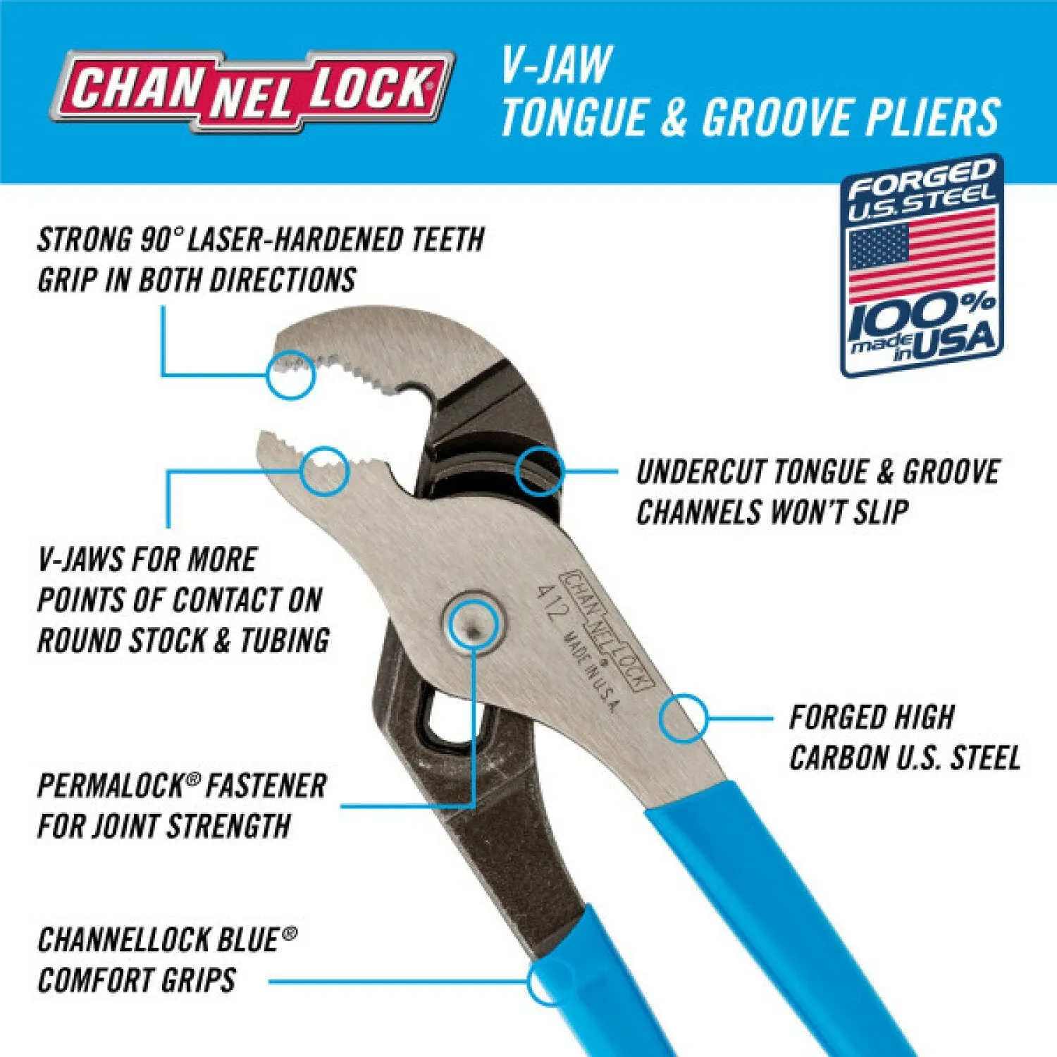 Channellock 412 6.5-Inch V-Jaw Tongue & Groove Pliers