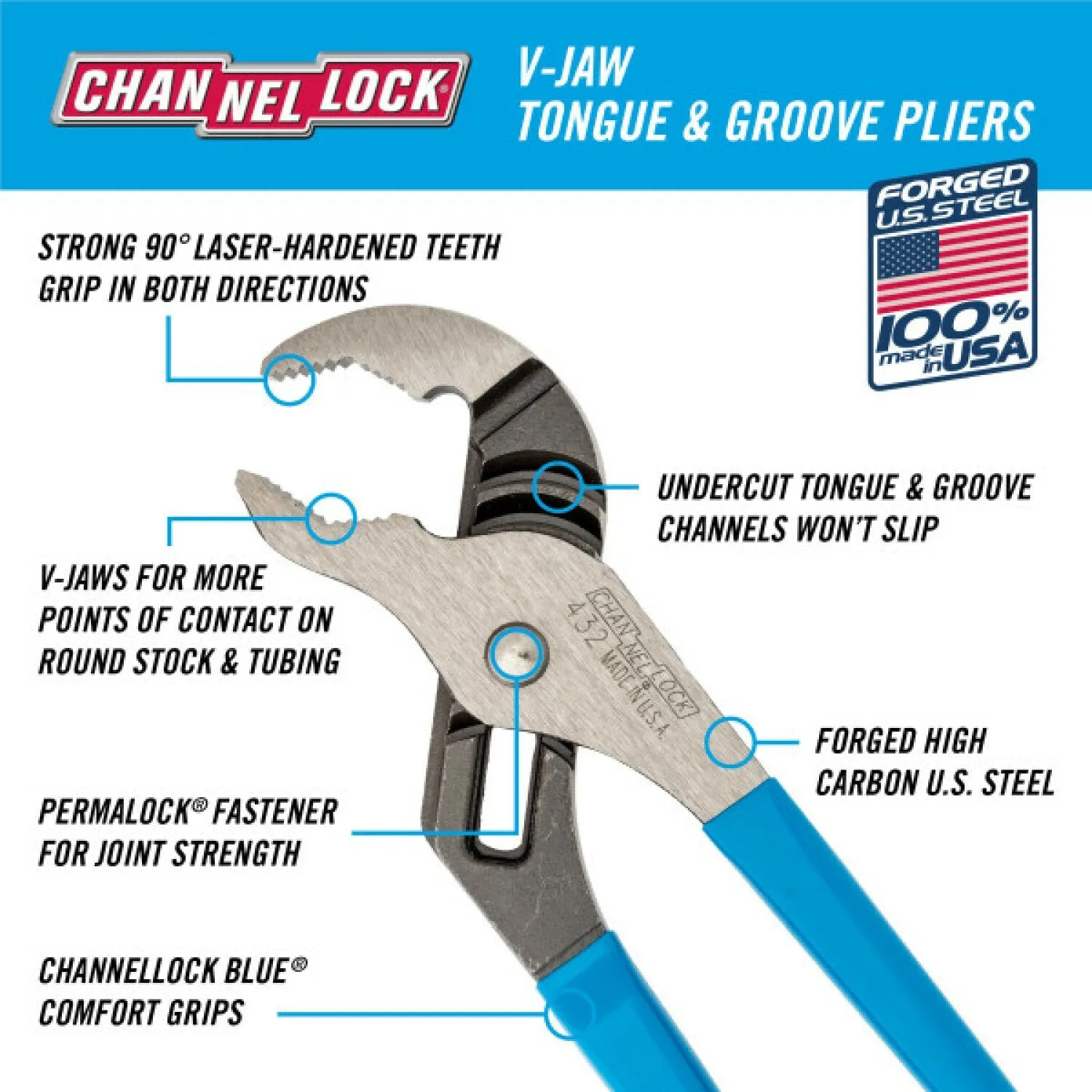 Channellock 432 10-Inch V-Jaw Tongue & Groove Pliers