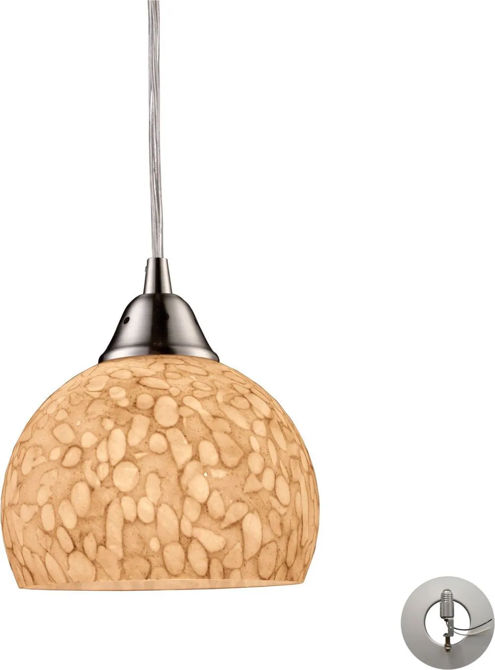 Cira 1 Light Pendant In Satin Nickel and Pebbled Glass - Includes Recessed Lighting Kit