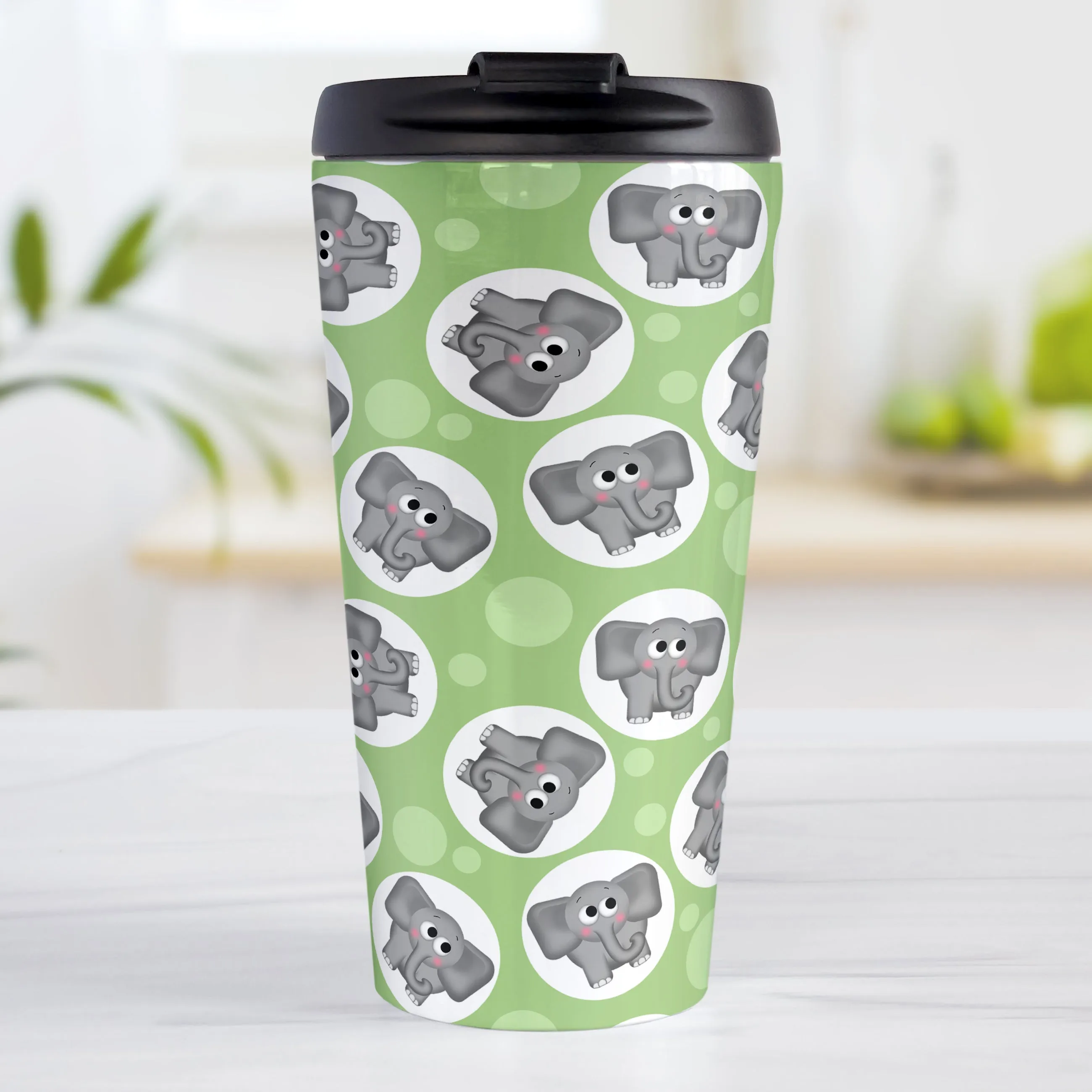 Cute Green Elephant Pattern Travel Mug