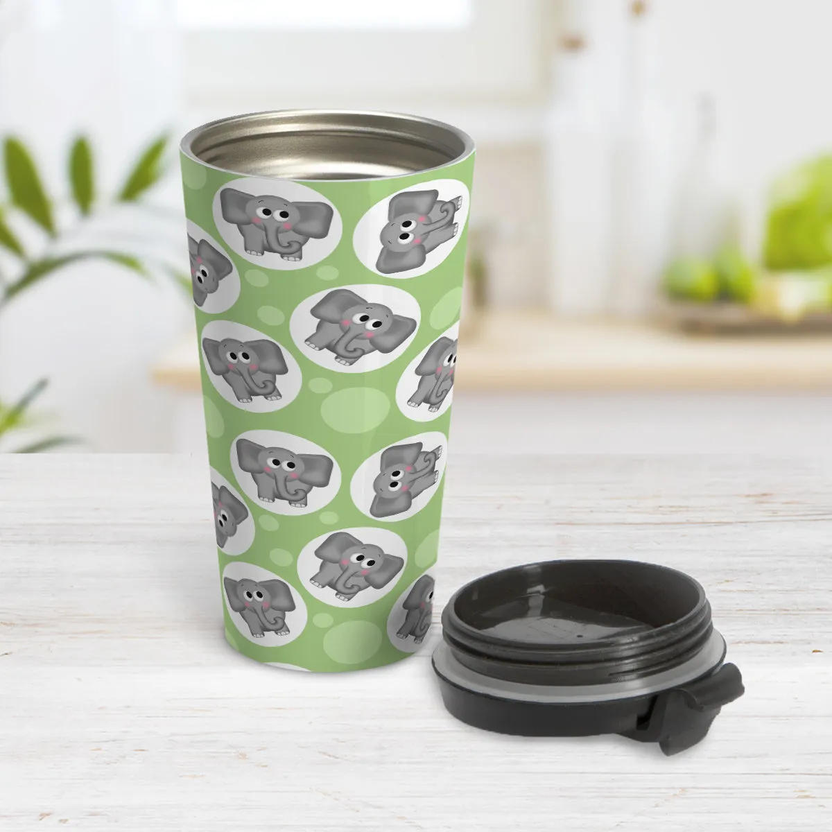 Cute Green Elephant Pattern Travel Mug