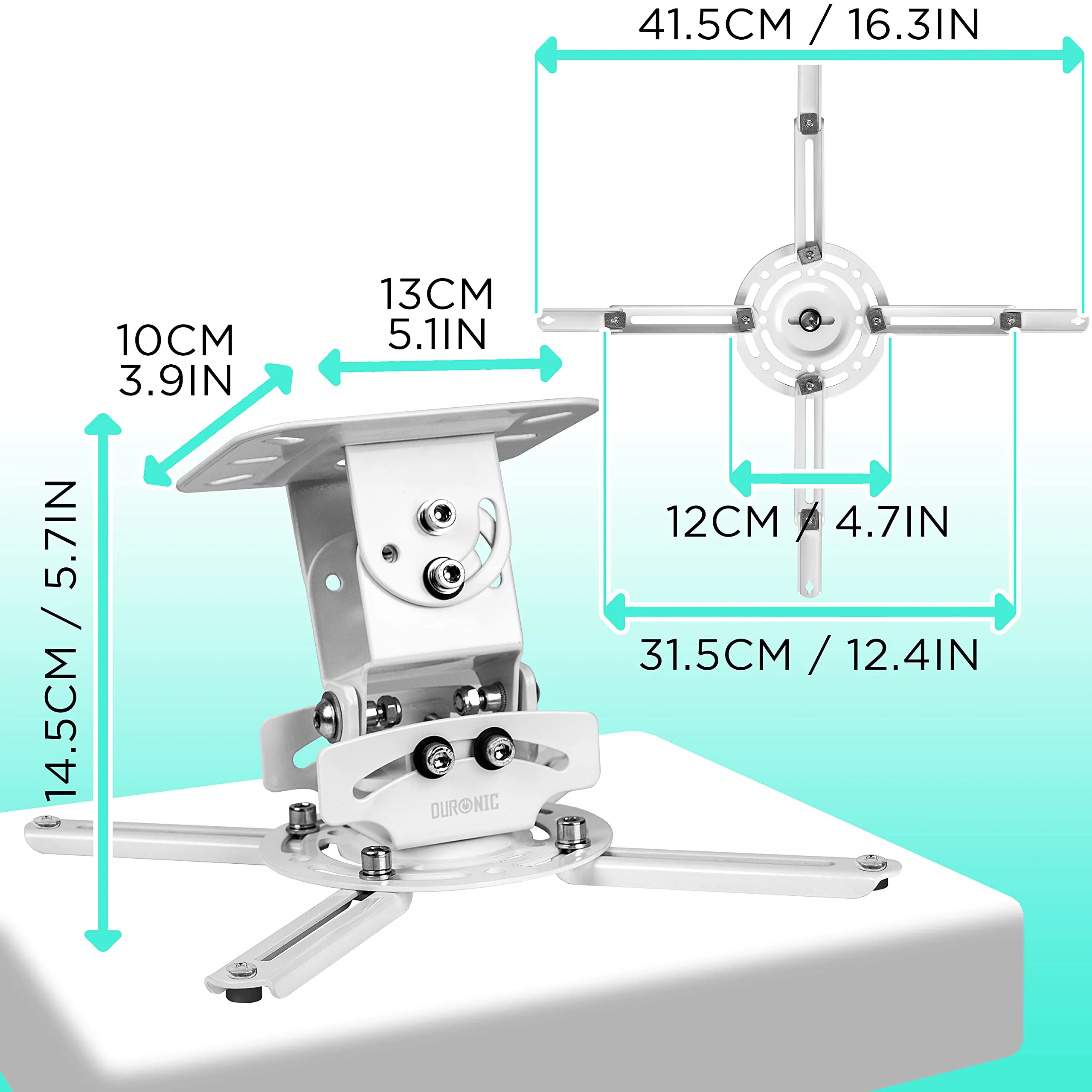 Duronic Projector Mount Stand for Ceiling or Wall Bracket PB06XL | 13.6kg Capacity | Extendable Universal Heavy Duty Adjustable Clamp | Tilt Swivel Rotate | White