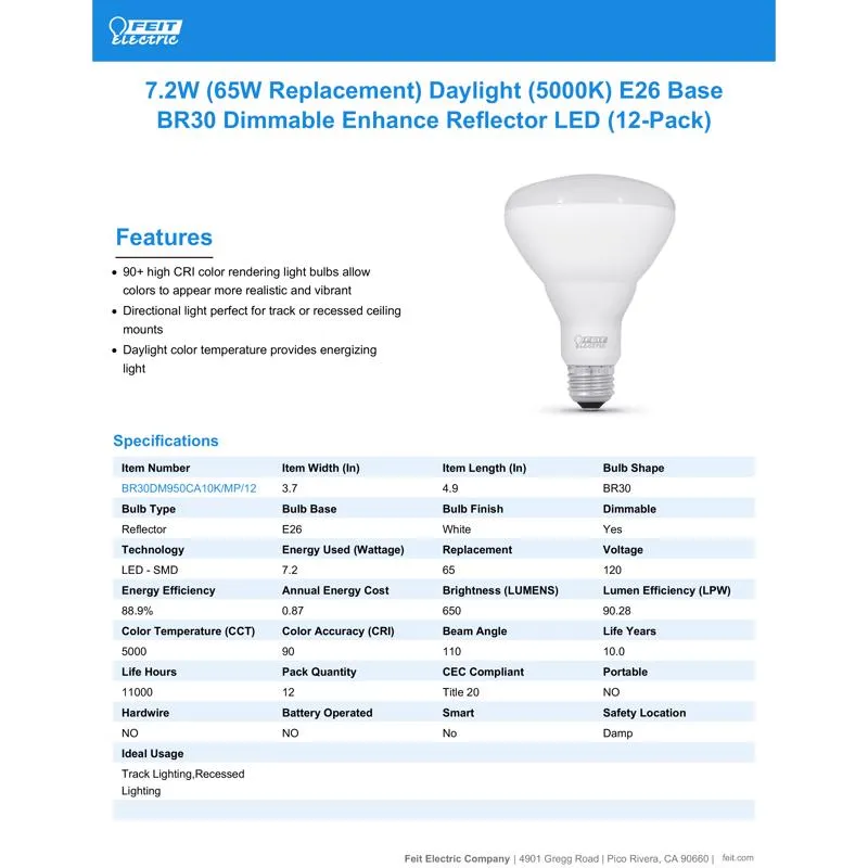 Feit Enhance BR30 E26 (Medium) LED Bulb Daylight 65 Watt Equivalence 12 pk