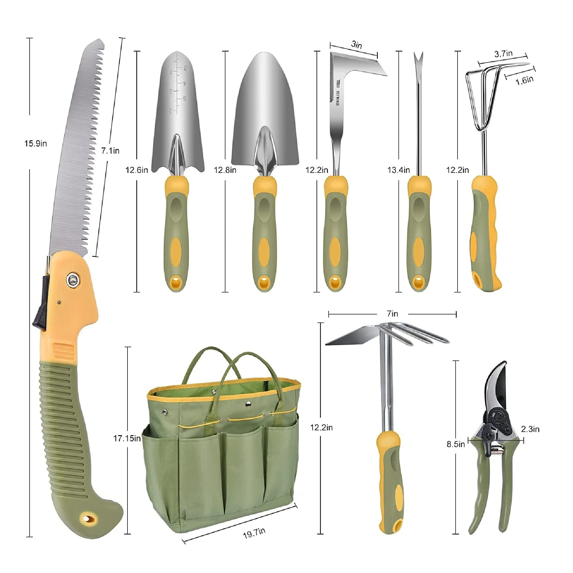 Garden Tool Set | WisaKey | 9-Piece Stainless Steel | Heavy Duty Garden Tools With Ergonomic Non-Slip Handle | Durable Garden Tool Bag