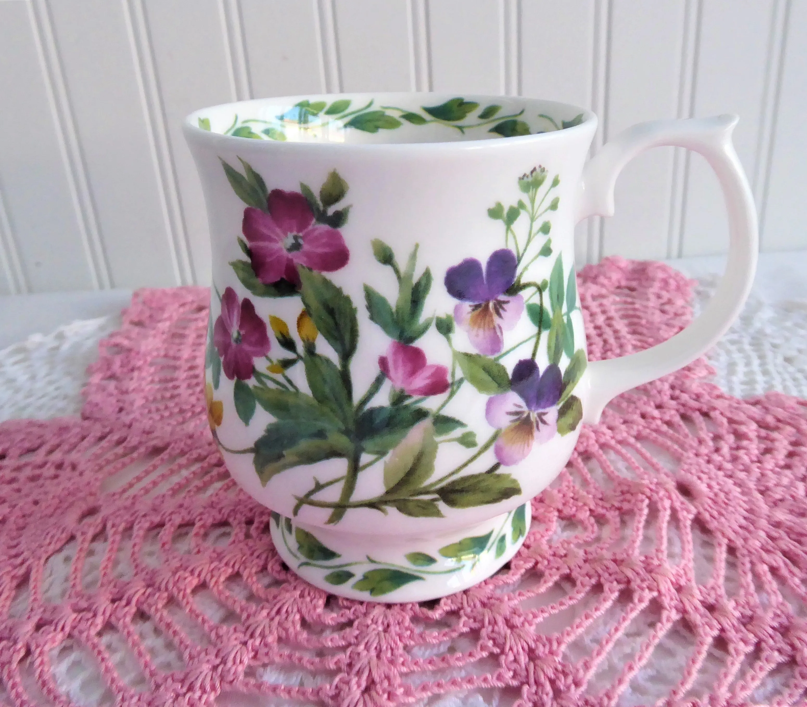 Garden Violets Mug The Garden RHS Queens Purple Pink Flowers English Bone China 1990s