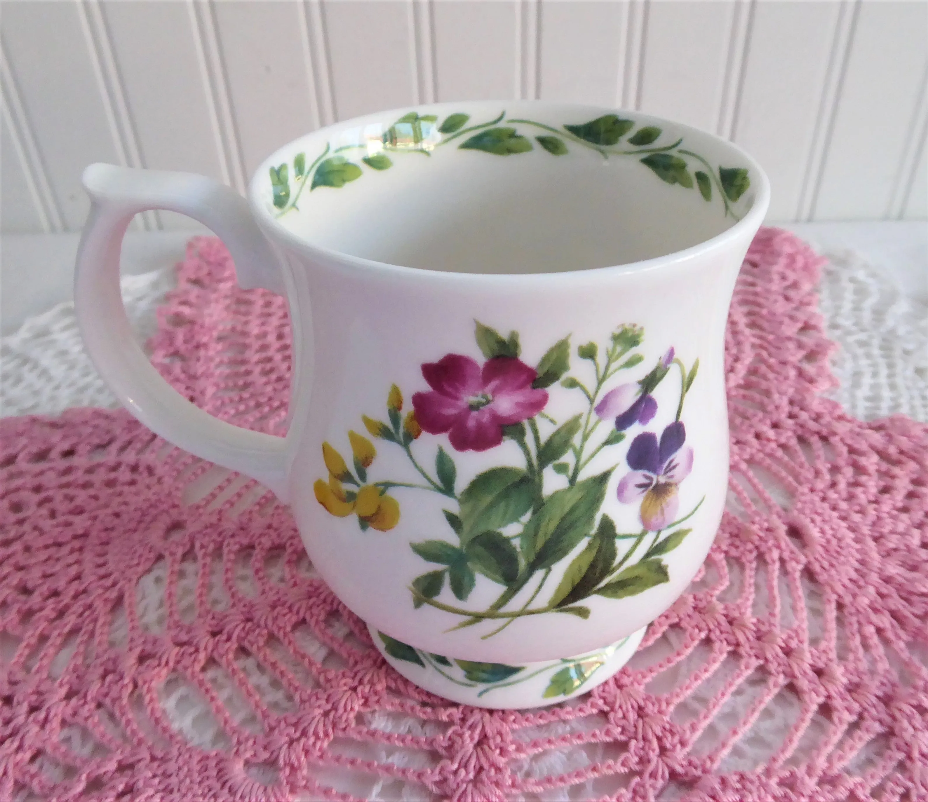 Garden Violets Mug The Garden RHS Queens Purple Pink Flowers English Bone China 1990s