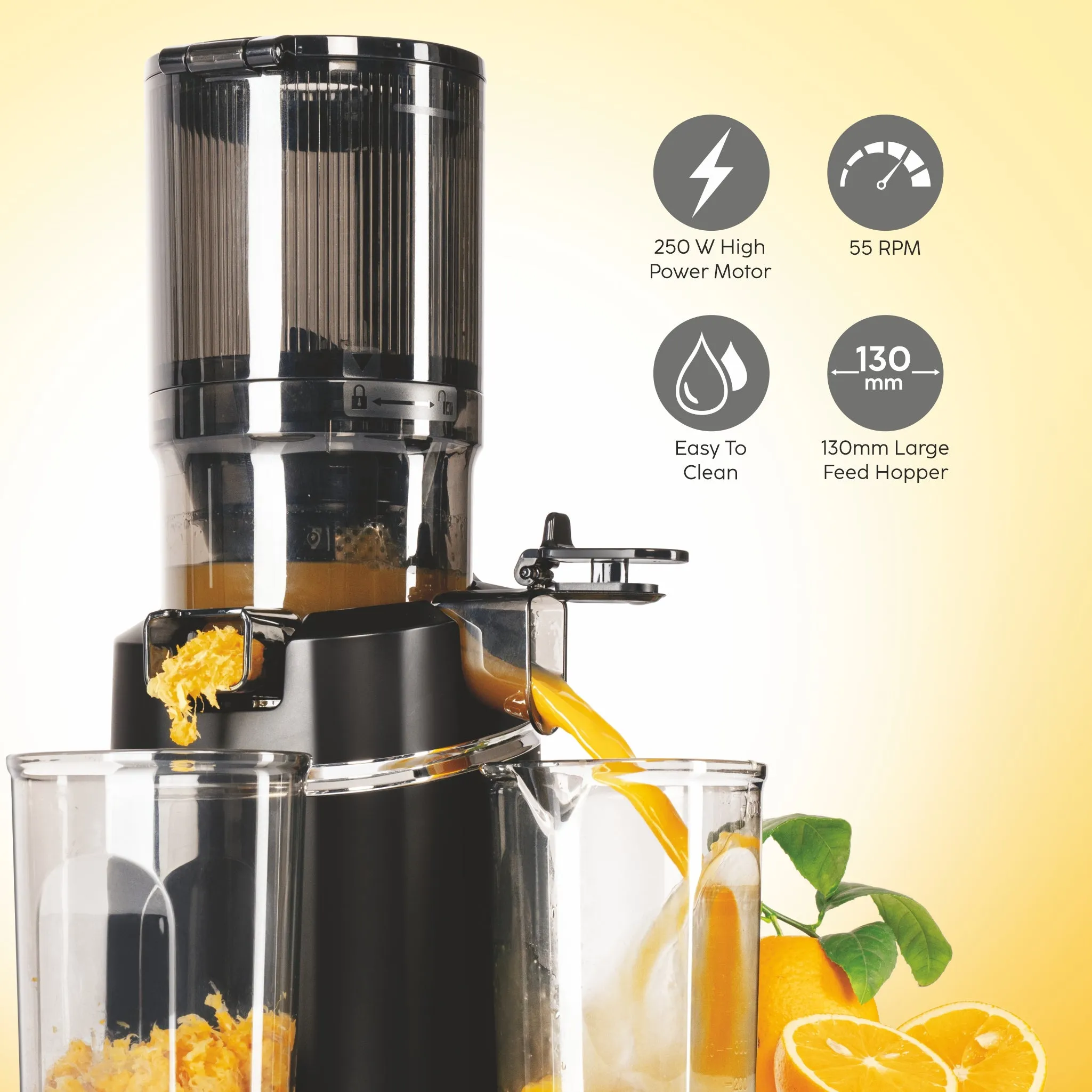 Hopper Slow Juicer 130mm Large Feed, Juice and Pulp containers, Low Noise 250W (SA-4016HSJ)