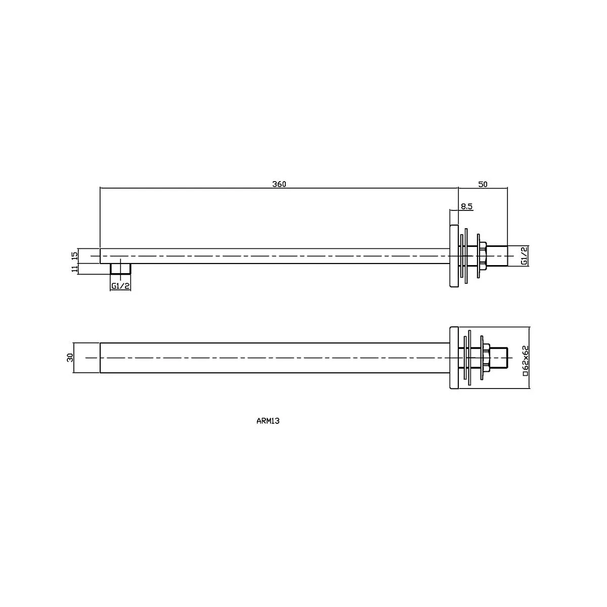 Hudson Reed Ceiling Small Rectangular Fixed Shower Arm - Brushed Brass