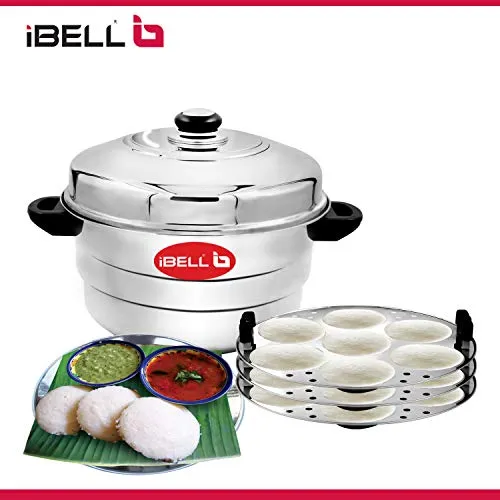 iBELL IP21P3SM High Food Grade Idly Pot Stainless Steel, Idli Pot with Steamer & Mini Idli Plate, 3 Idli Plates / 21 Idlies (Silver)