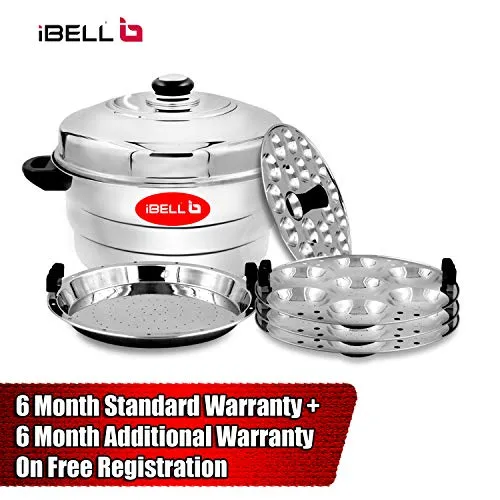 iBELL IP21P3SM High Food Grade Idly Pot Stainless Steel, Idli Pot with Steamer & Mini Idli Plate, 3 Idli Plates / 21 Idlies (Silver)