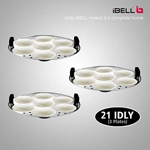 iBELL IP21P3SM High Food Grade Idly Pot Stainless Steel, Idli Pot with Steamer & Mini Idli Plate, 3 Idli Plates / 21 Idlies (Silver)