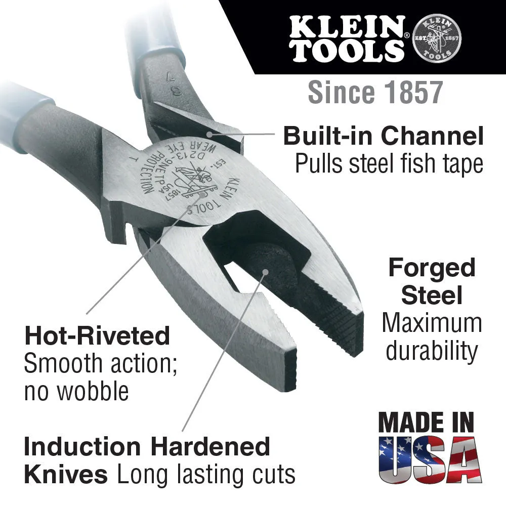 Klein Tools J2000-9NETP Lineman's Pliers, Fish Tape Pulling, 9"