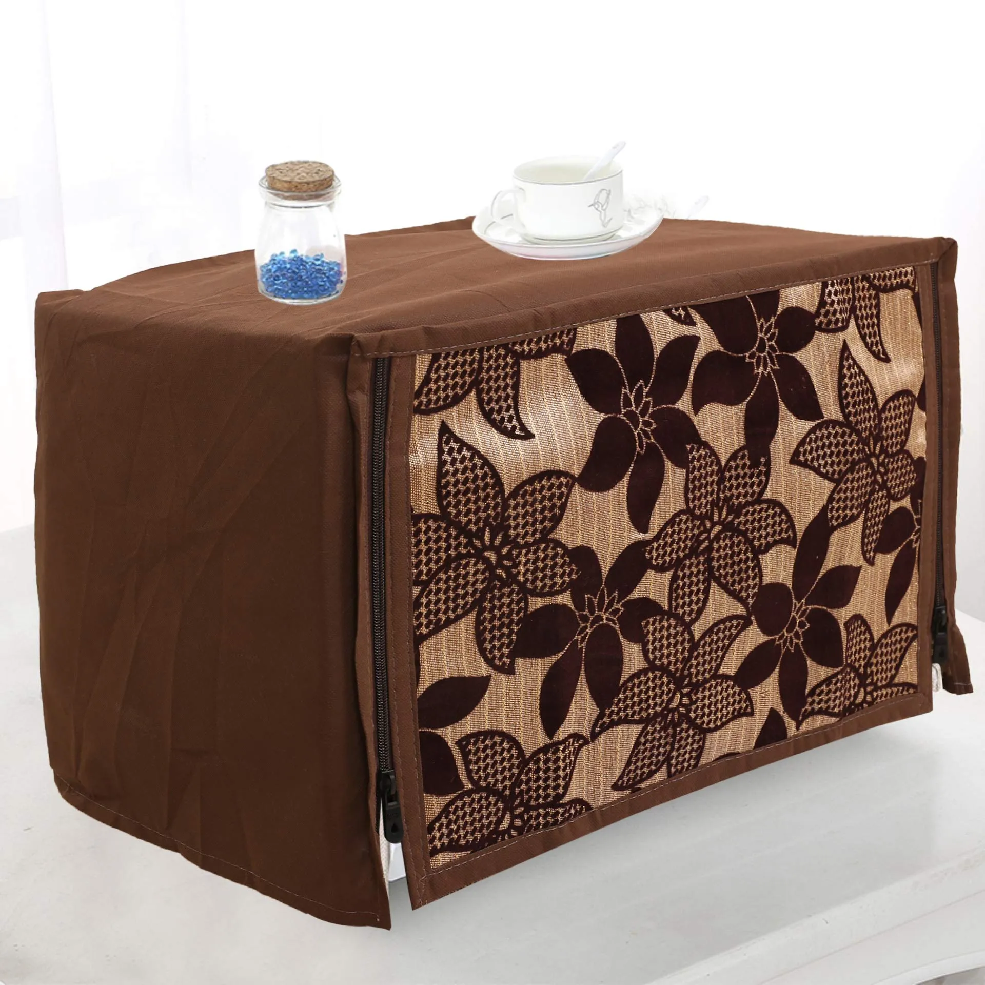 Kuber Industries Leaf Design Velvet Microwave Oven Cover - Brown, 20 LTR