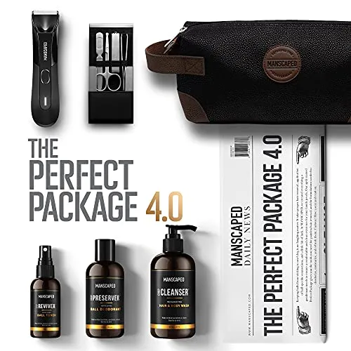 MANSCAPED® Perfect Package 4.0 Kit Contains: The Lawn Mower™ 4.0 Electric Trimmer, Ball Deodorant, Body Wash, Performance Spray-on-body Toner, Four Piece Luxury Nail Kit, Toiletry Bag, 3 Shaving Mats