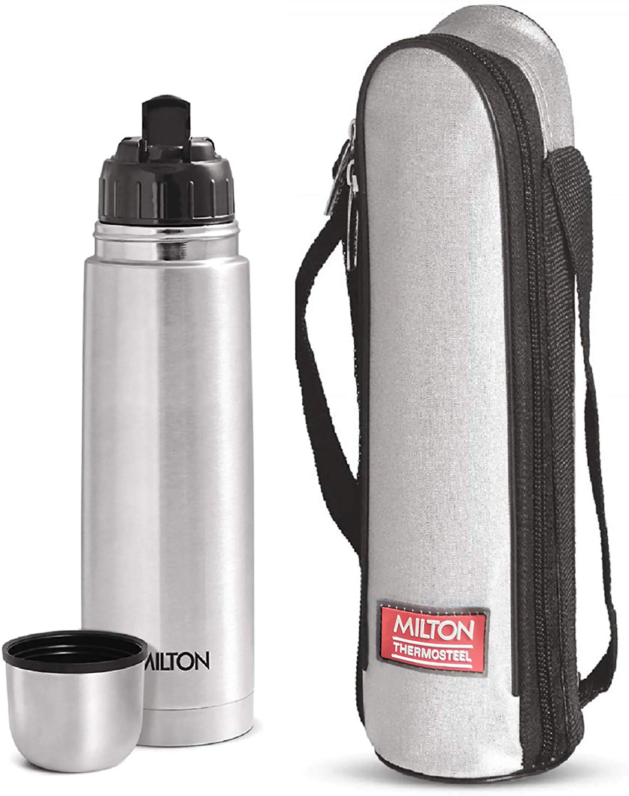 Milton Thermosteel Flip Lid Flask, 750 milliliters, Silver & Milton Thermosteel Carafe for 24 Hours Hot or Cold, 2000 ml, Silver