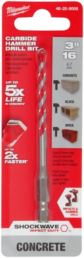 Milwaukee SHOCKWAVE 48-20-9005 Drill Bit, 3/16 in Dia, 4 in OAL, Wide Flute, 1/4 in Dia Shank, Hex Shank :CD: QUANTITY: 3