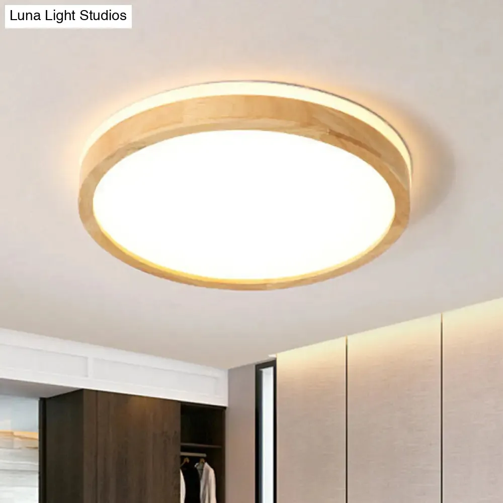 Nordic Beige LED Flushmount Ceiling Light with Wood Tambour Design & Recessed Diffuser - 12"/16" Diameter