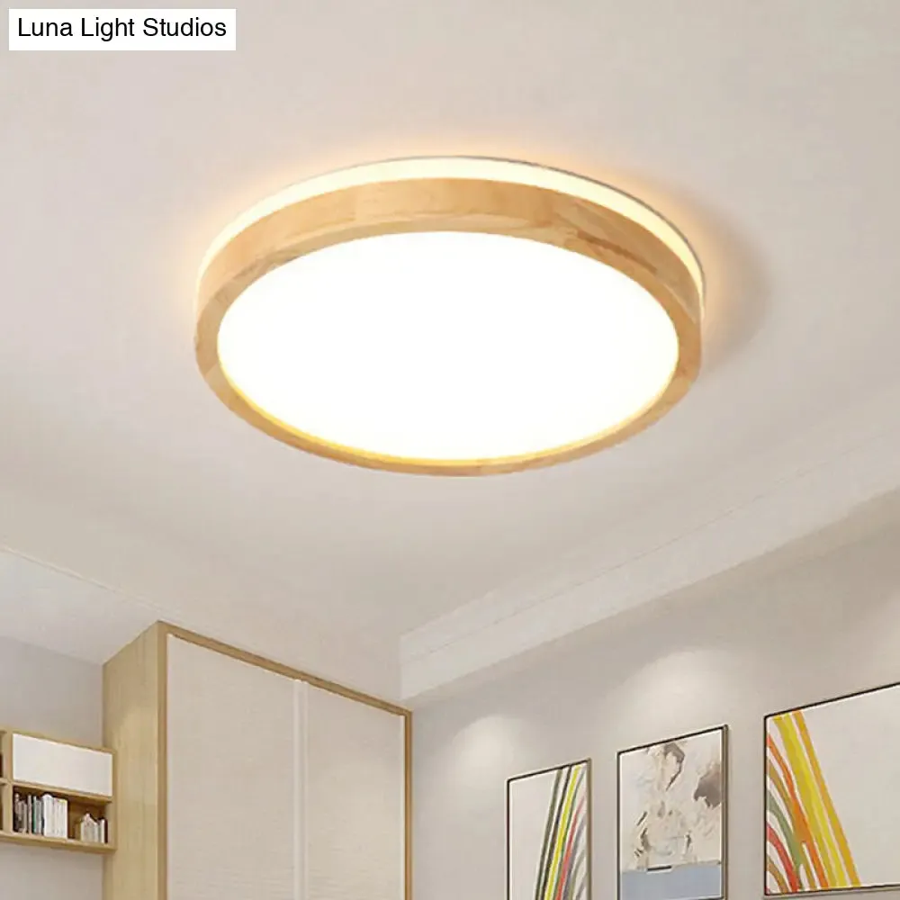 Nordic Beige LED Flushmount Ceiling Light with Wood Tambour Design & Recessed Diffuser - 12"/16" Diameter