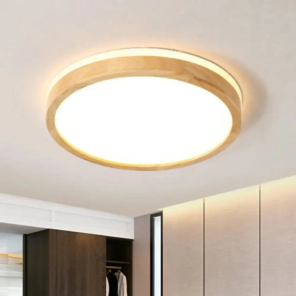 Nordic Beige LED Flushmount Ceiling Light with Wood Tambour Design & Recessed Diffuser - 12"/16" Diameter