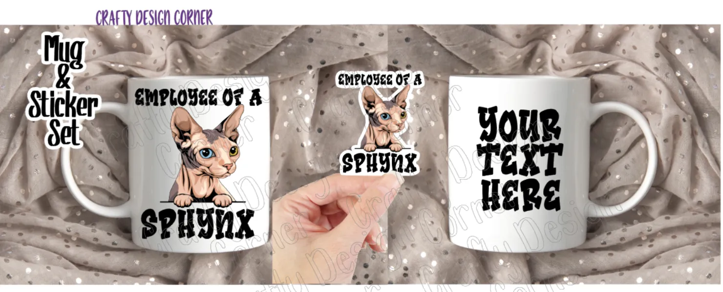 Odd Eyes Sphynx Cat Mug and sticker set, Employee of a Sphynx set, Sphynx Cat Mug and Sticker set, Sticker and Mug set