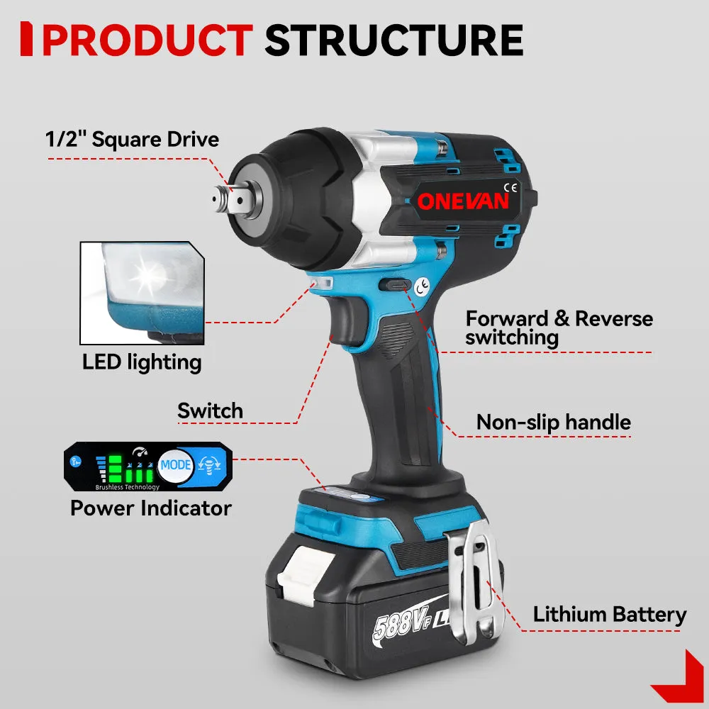 ONEVAN 1/2" 1800N·m Torque Brushless Cordless Impact Wrench | For Makita 18V Battery