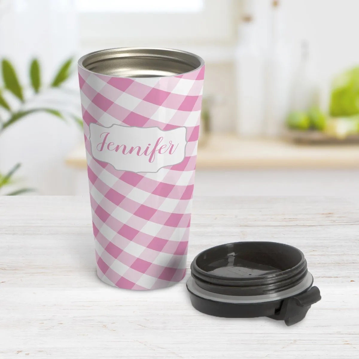 Personalized Pink Gingham Travel Mug