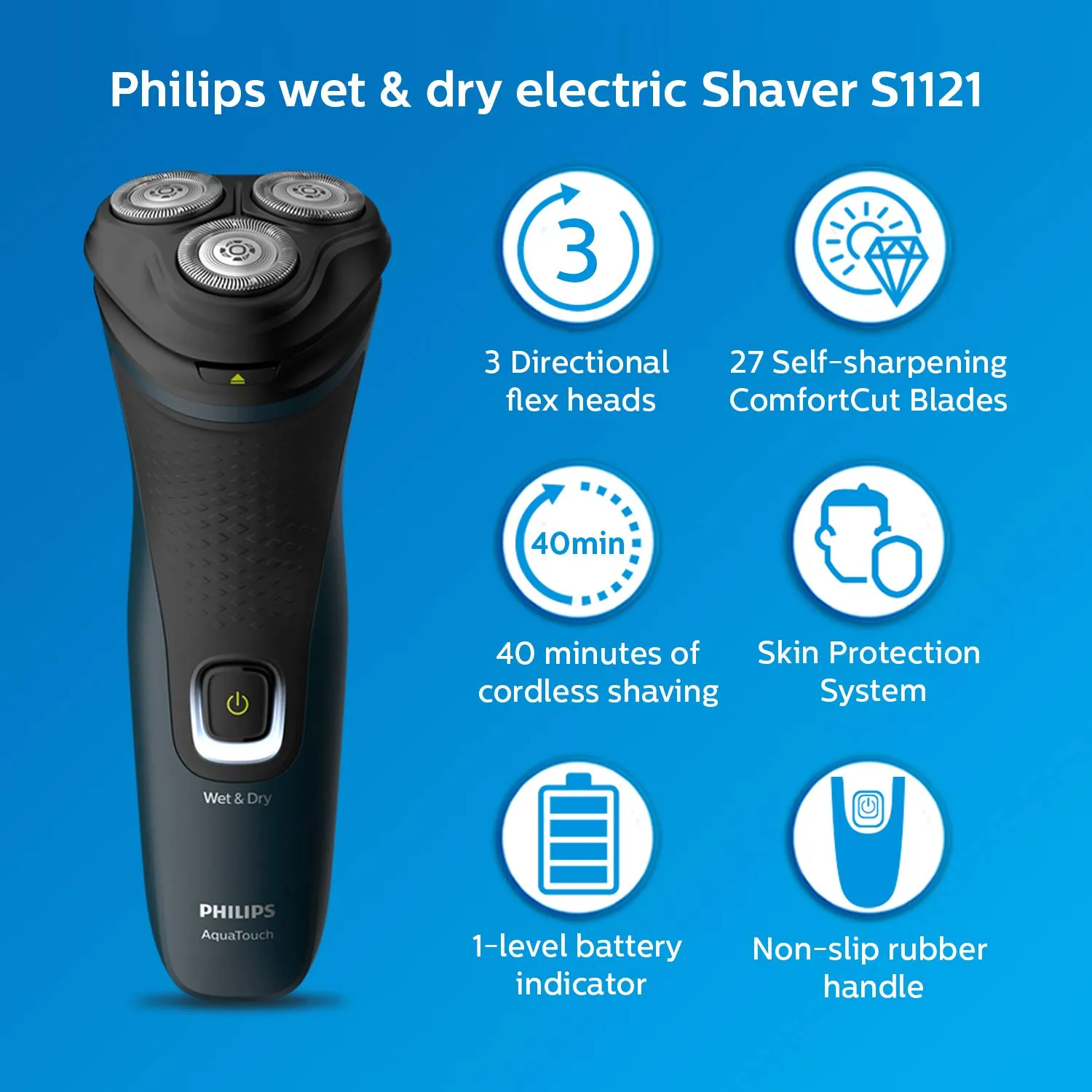 Philips S1121/45 Cordless Electric Shaver, 3D Pivot & Flex Heads, 27 Comfort Cut Blades, Up to 40 Min of Shaving