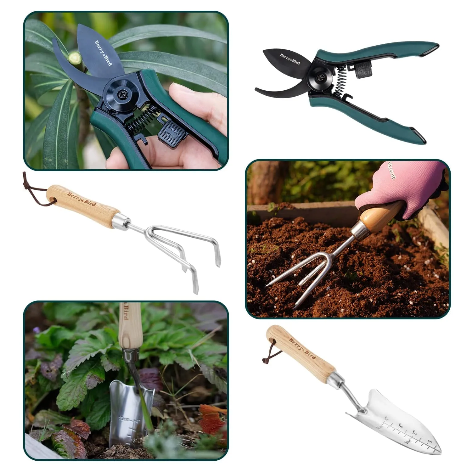 Premium Garden Tool Set 4 PCS Stainless Steel Gardening Tool Kit (Handle Trowel & Rake, Garden Shears & Gloves)